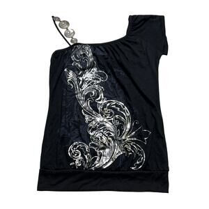 Annabelle One Shoulder Black Top Beaded Strap Metallic Floral Print Women Small